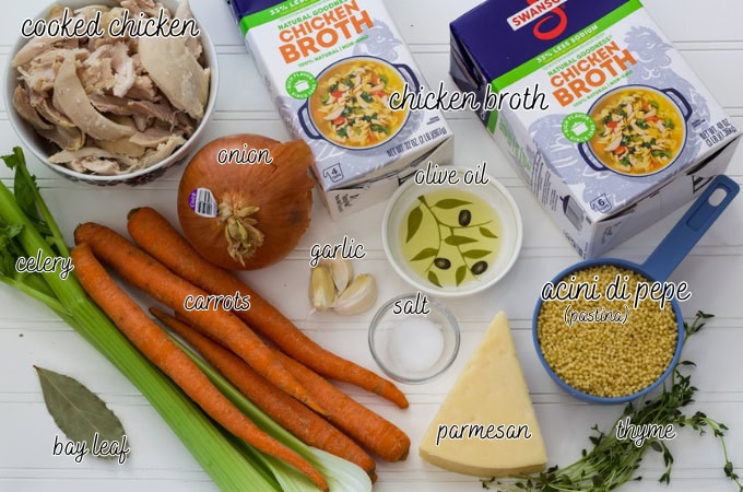 All of the ingredients to make the measured out to make the Chicken Pastina Soup Recipe.