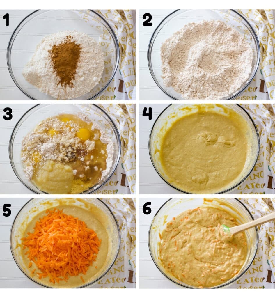 A collage of six numbered images showing the steps to mix the carrot cake batter.