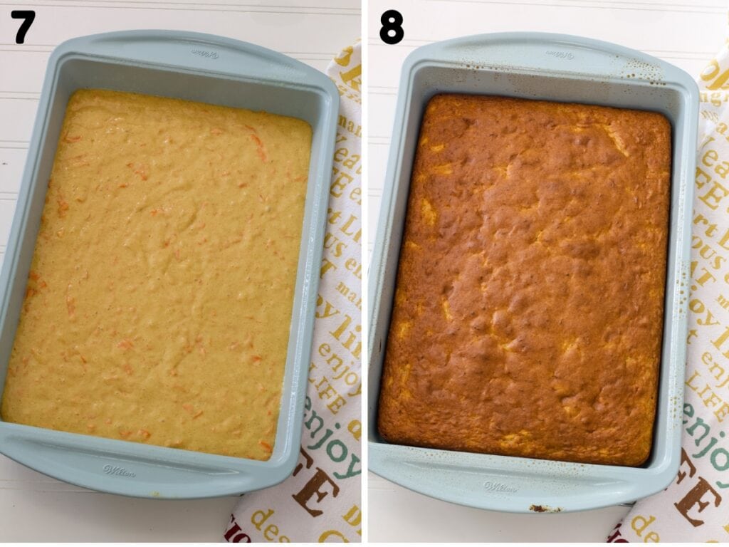 Side-by-side images of the cake batter in the pan before and after being baked.