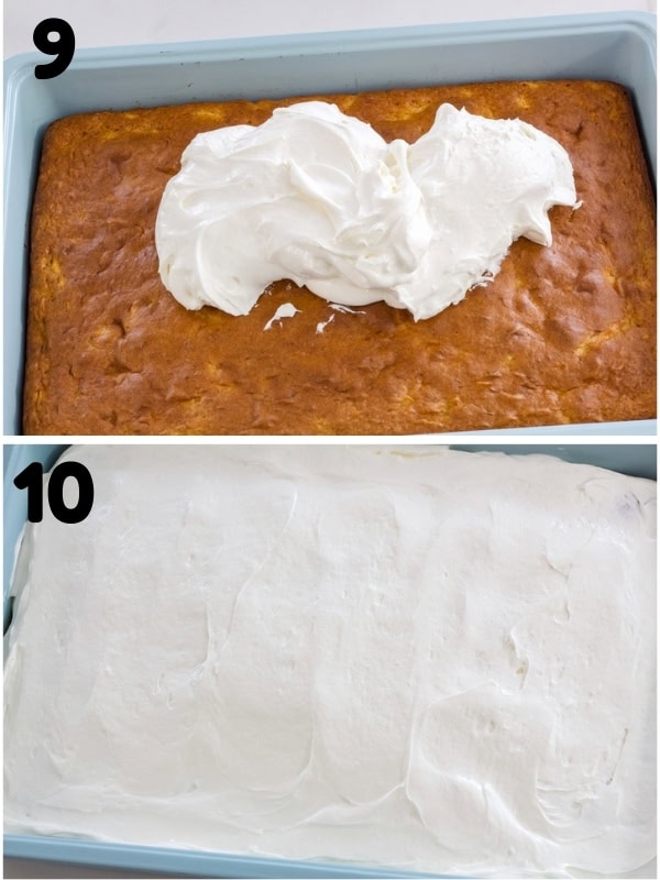 A collage of two images showing the cream cheese frosting on the cake before and after being spread out.