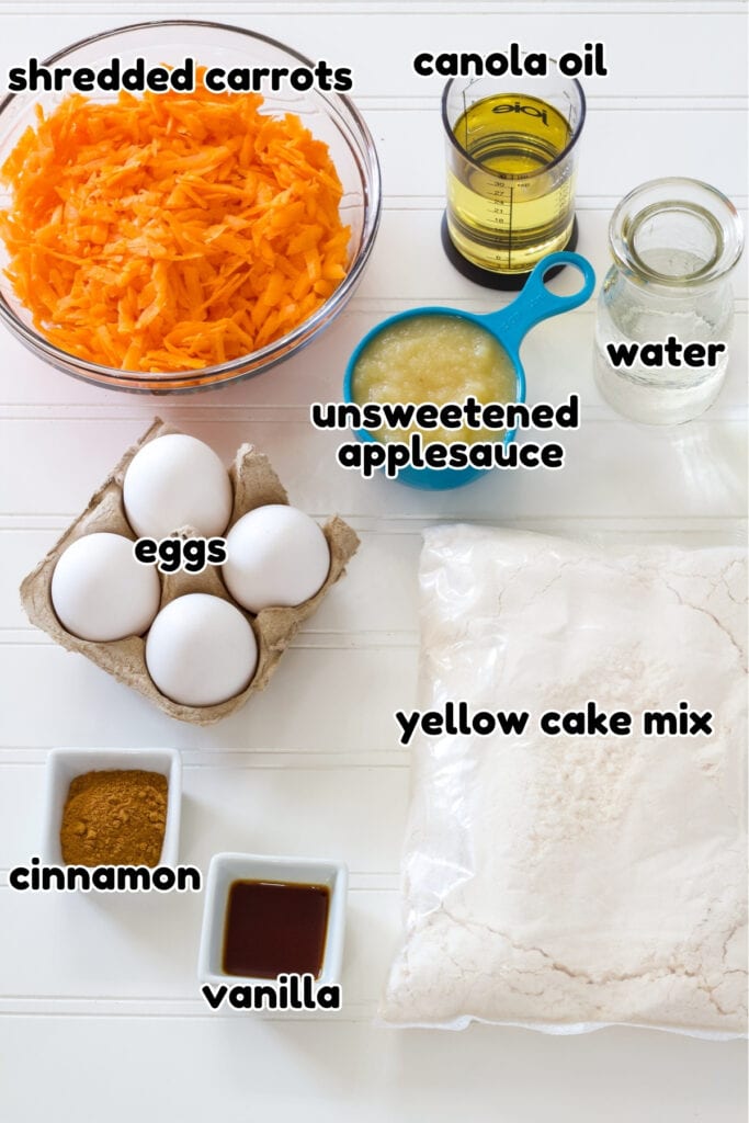 All of the ingredients needed to make the Carrot Cake Using Yellow Cake Mix.