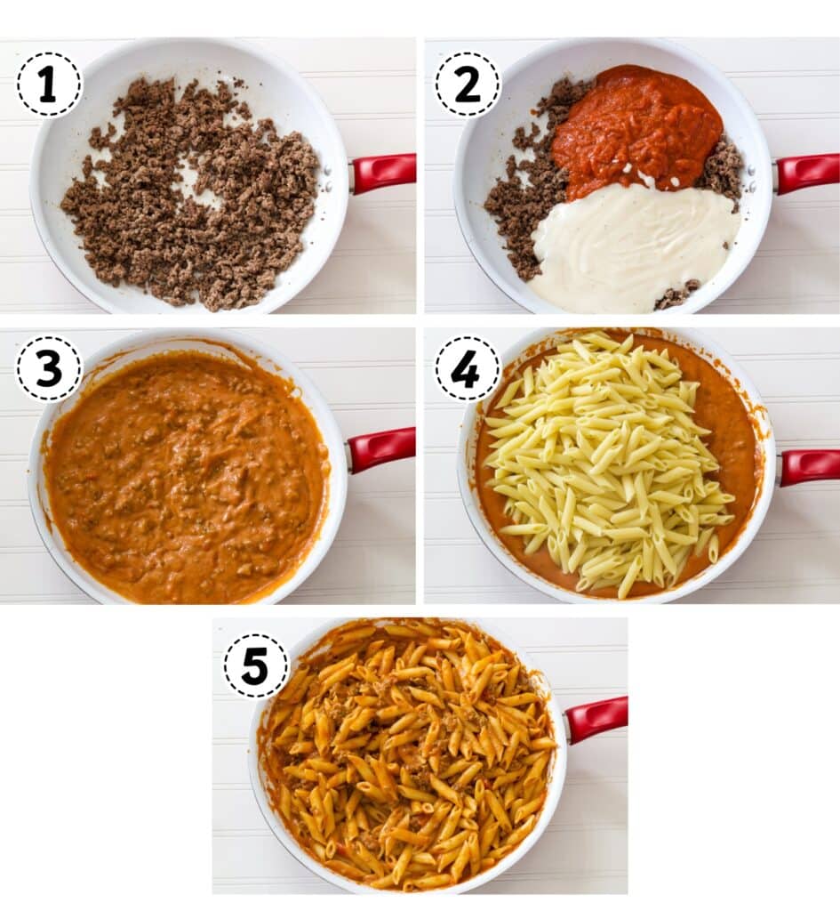 A collage of 5 process shots showing the ground beef in the skillet and the sauces and pasta being added.