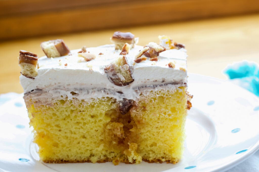 One piece of cake so the side with the pudding in the poked hole is visible.