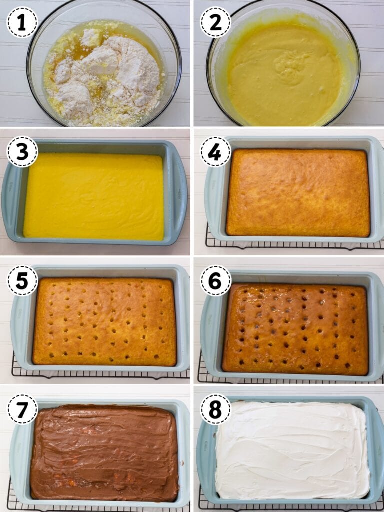 A collage of eight images showing the steps of mixing the batter and the baked cake with the holes poked and the layers of pudding and Cool Whip.