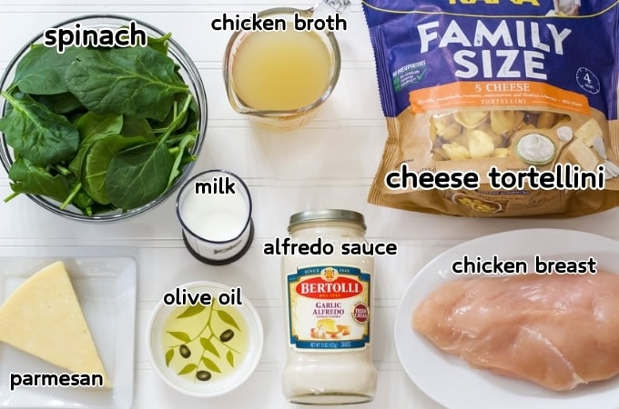 All of the ingredients needed to make the One Pan Chicken and Tortellini Alfredo recipe.