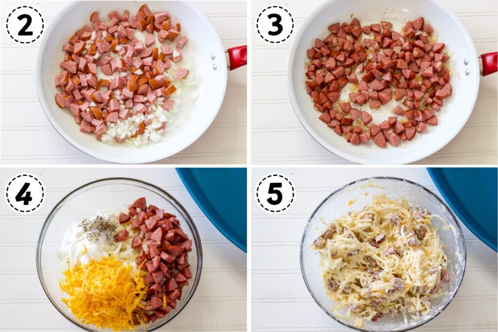 A collage of images showing the sausage and onion before being browned and all the ingredients in a glass bowl before and after being mixed.