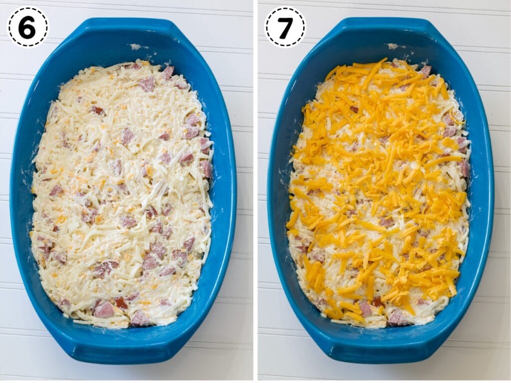 A collage of two images of the casserole ready to go into the oven before and after being topped with cheddar cheese.