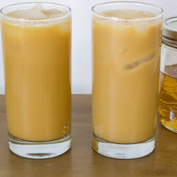 Feature image of two glasses of caramel iced coffee.