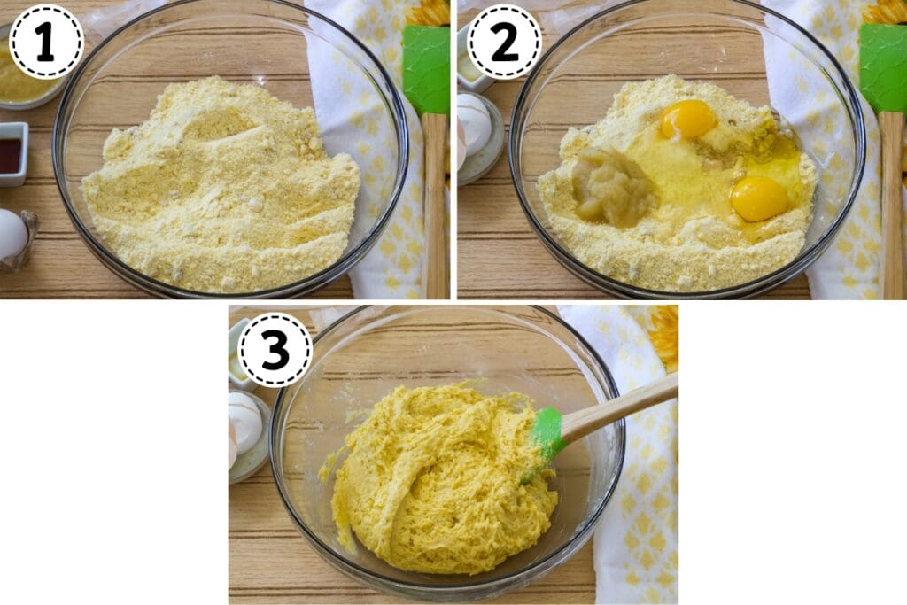A collage of three images showing the dry corn muffin mix, the other ingredients on top of the dry mix, and them mixed together.