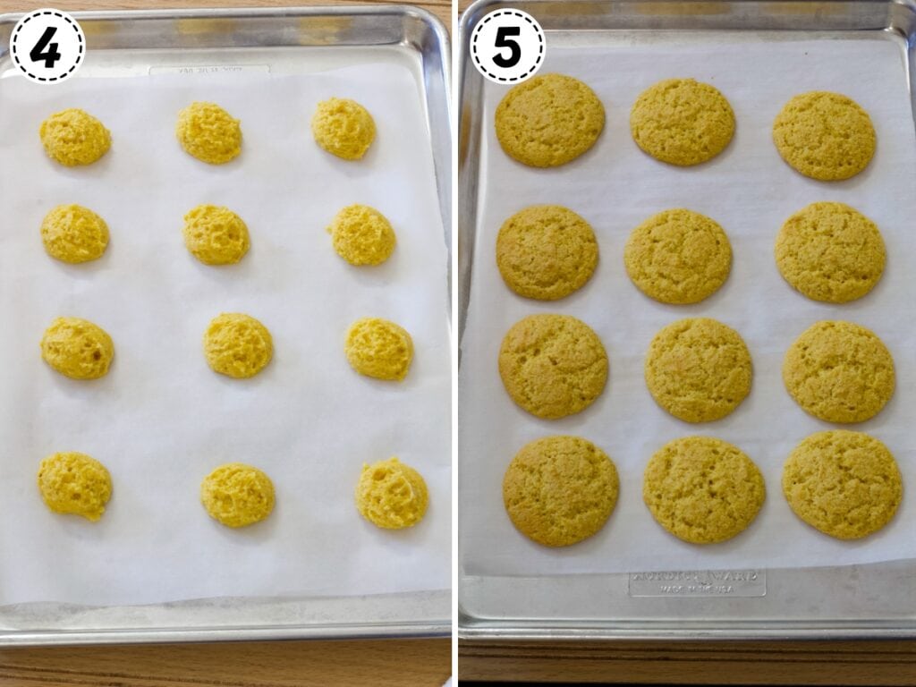 Side-by-side images of the cookies on the cookie sheet, before being baked on the left and after being baked on the right.