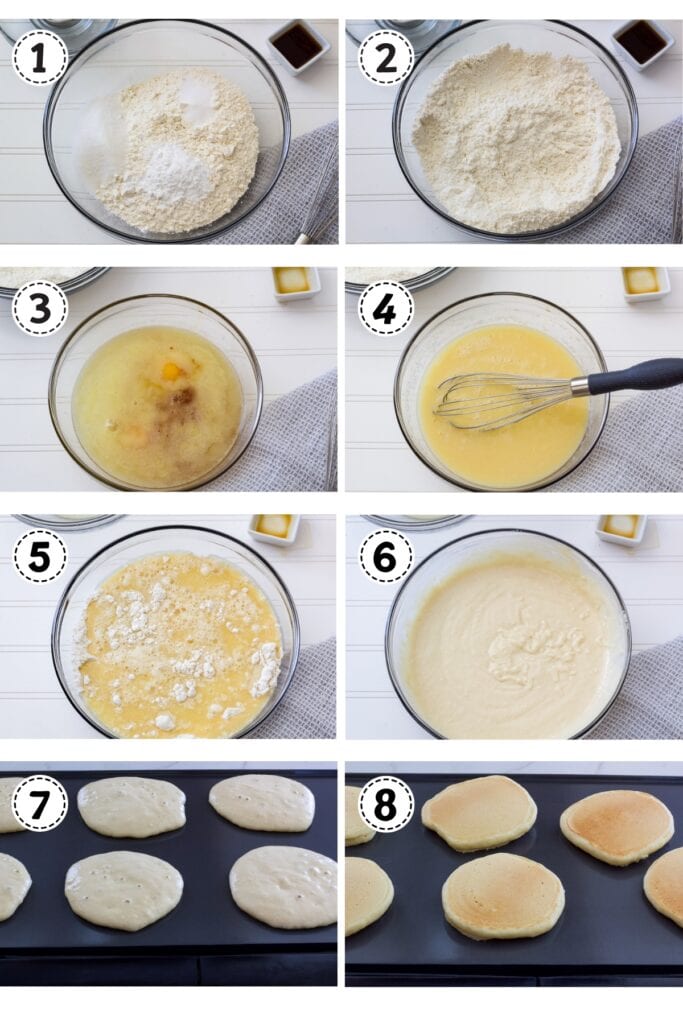 A collage of eight images showing the process of mixing the pancake batter and the pancakes being cooked on a hot griddle.
