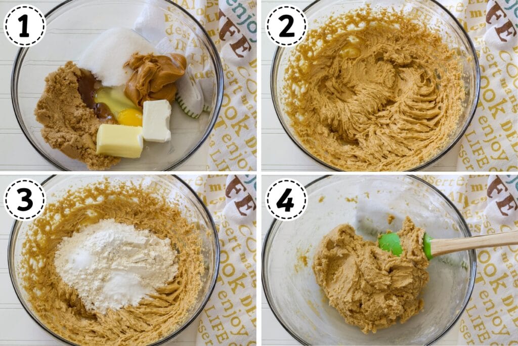 A collage of four images showing the process of the cookie dough being made.