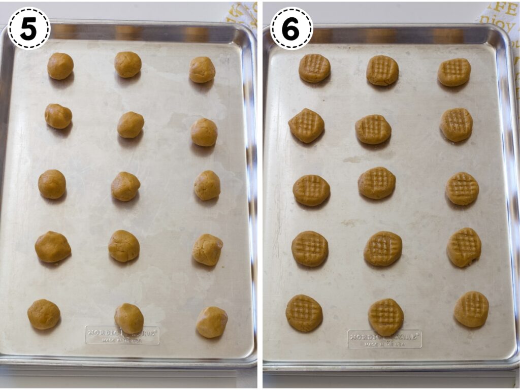 A collage of two images showing the cookie dough balls on the cookie sheet before being pressed down with a fork on the left and after on the right.