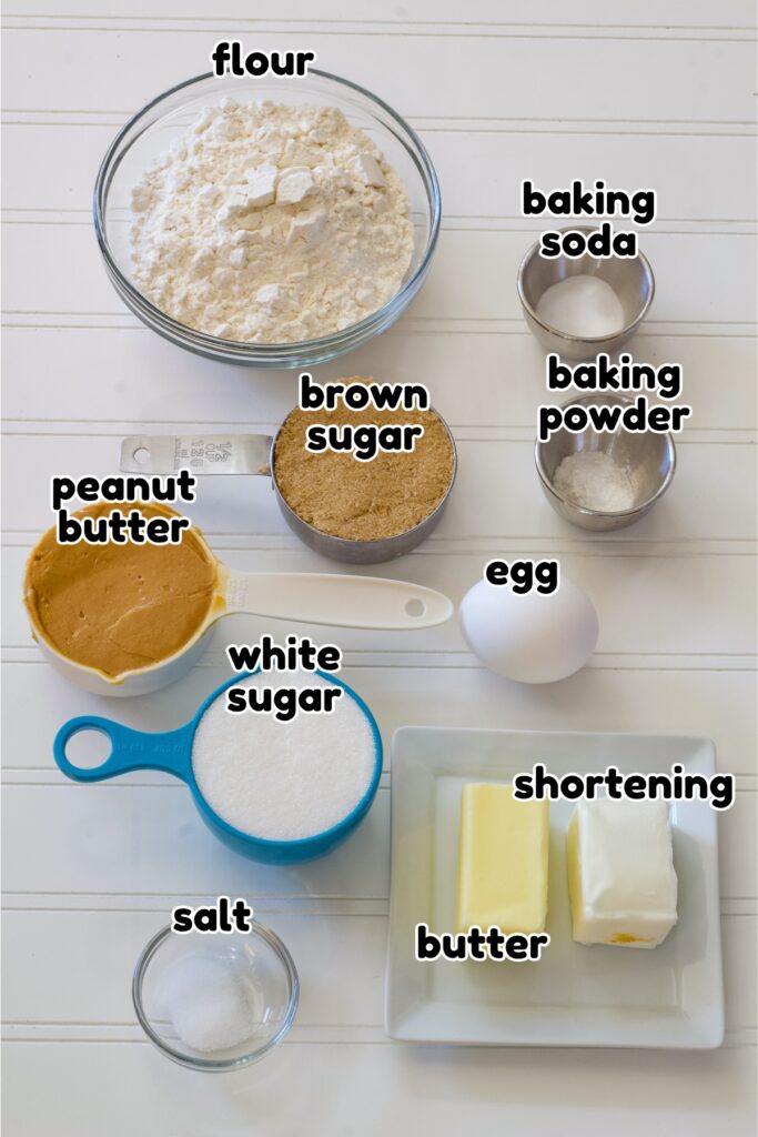 The ingredients needed to make the Old-Fashioned Chewy Peanut Butter Cookies measured out and labeled with text.