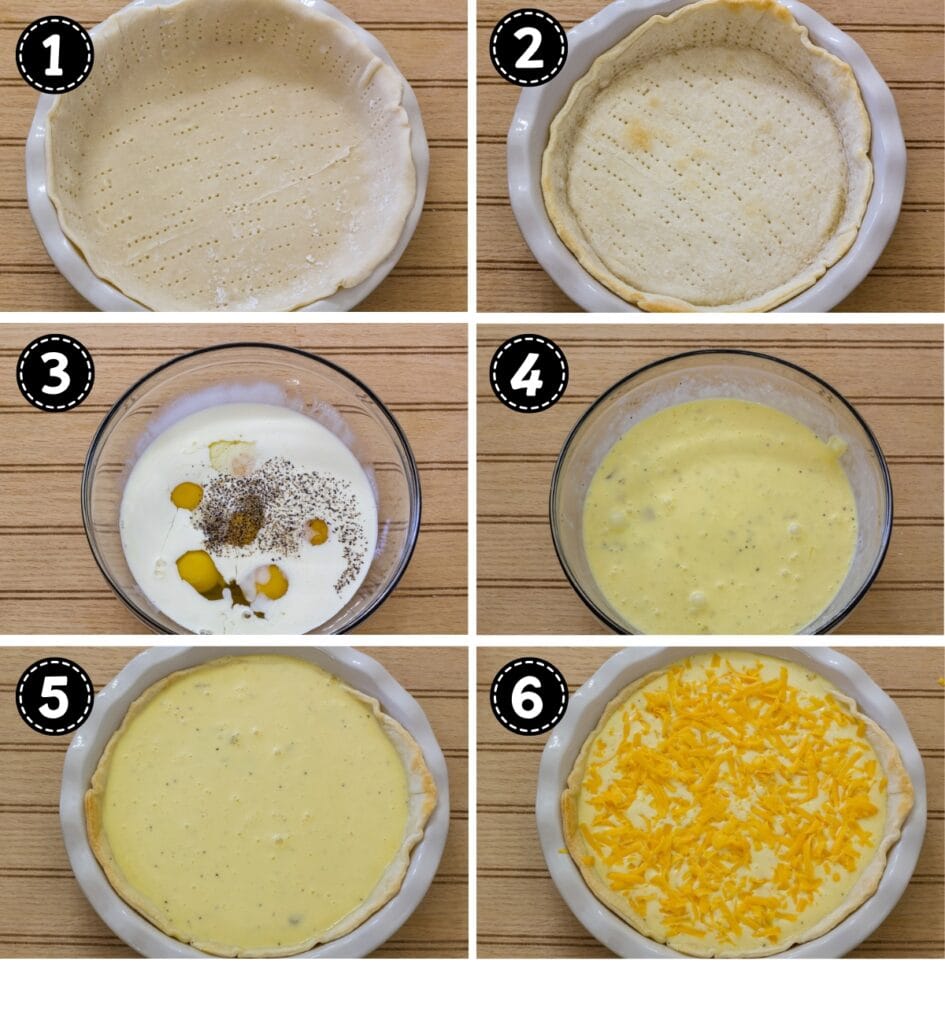 A collage of six images showing the steps to make the Cheesy Ham & Potato Quiche recipe.