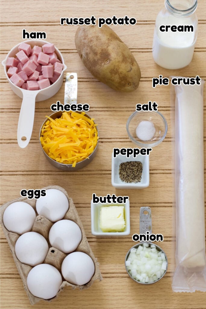 All of the ingredients needed to make the Cheesy Ham & Potato Quiche recipe.