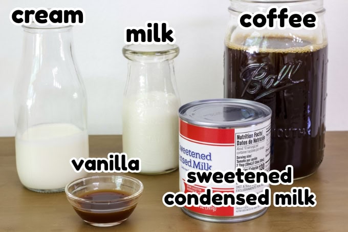The cream, milk, condensed milk and vanilla to make the vanilla swirl and the coffee to make the drink.