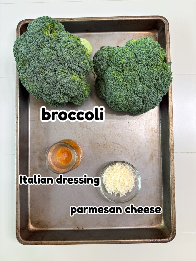 Two heads of fresh broccoli, a small bottle with Italian dressing in it and a small bowl with grated parmesan cheese in it to make the Easy Italian Roasted Broccoli recipe.