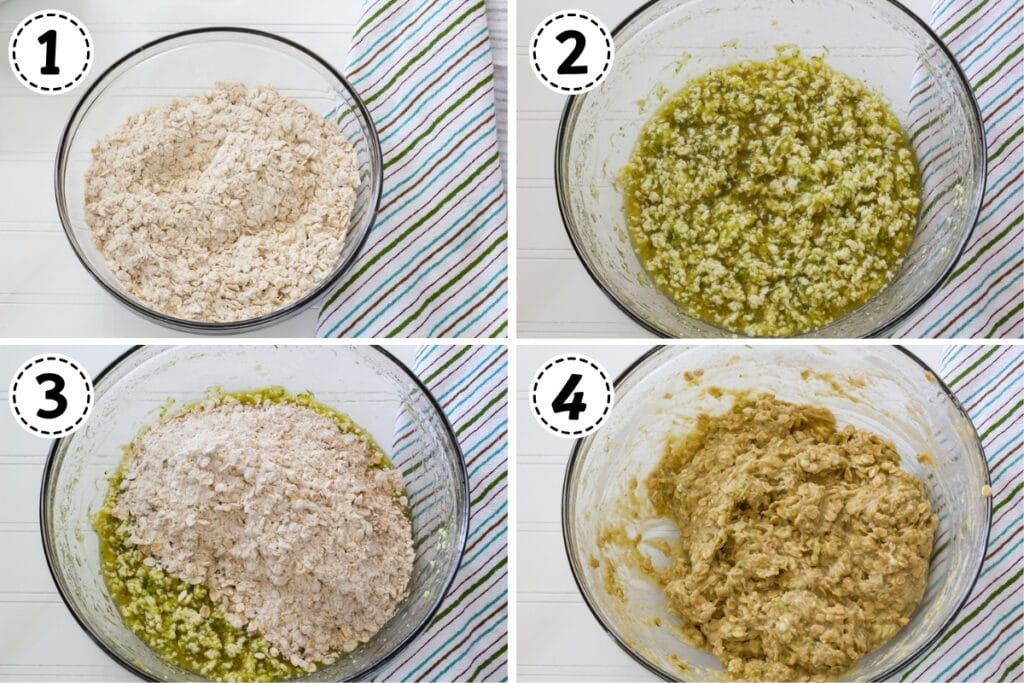 A collage of four images showing the different stages of making the cookie dough.