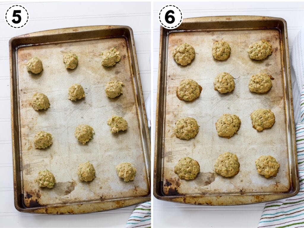 A collage of two images, the unbaked cookie dough on the tray before being baked on the left and after on the right.