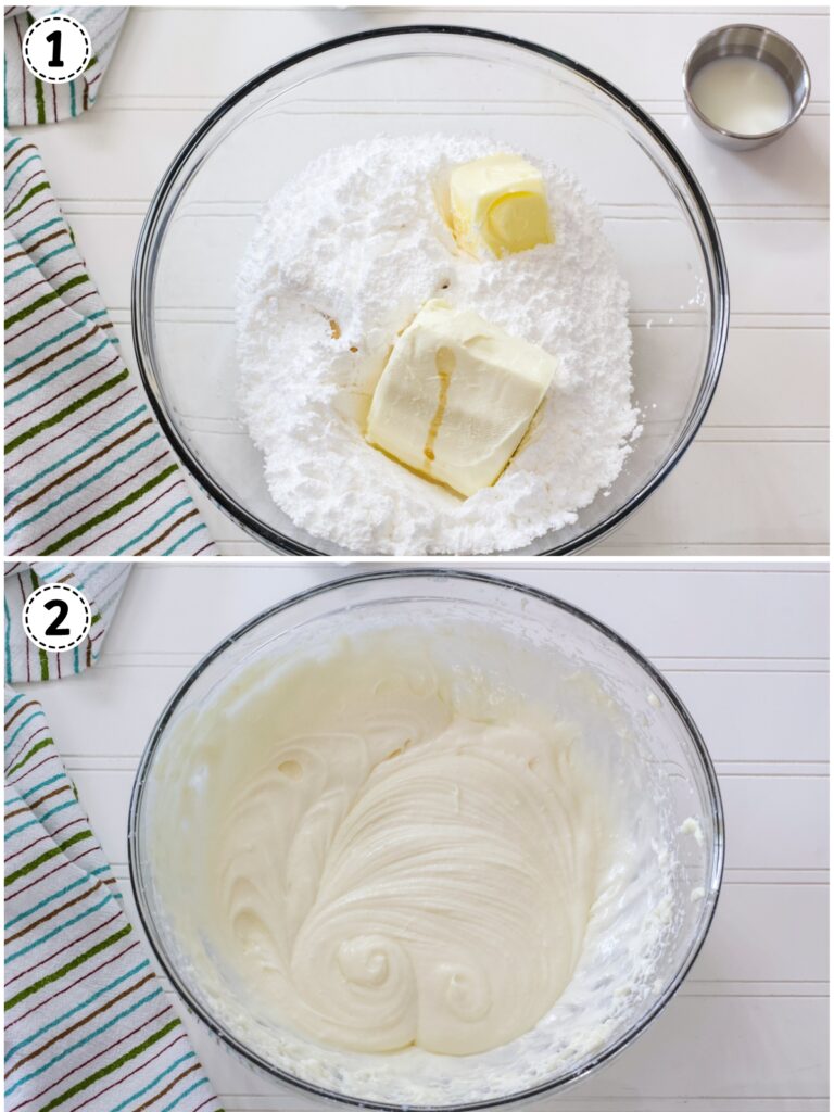 A collage of two images with the ingredients for the cream cheese frosting before being mixed on top and after on the bottom.