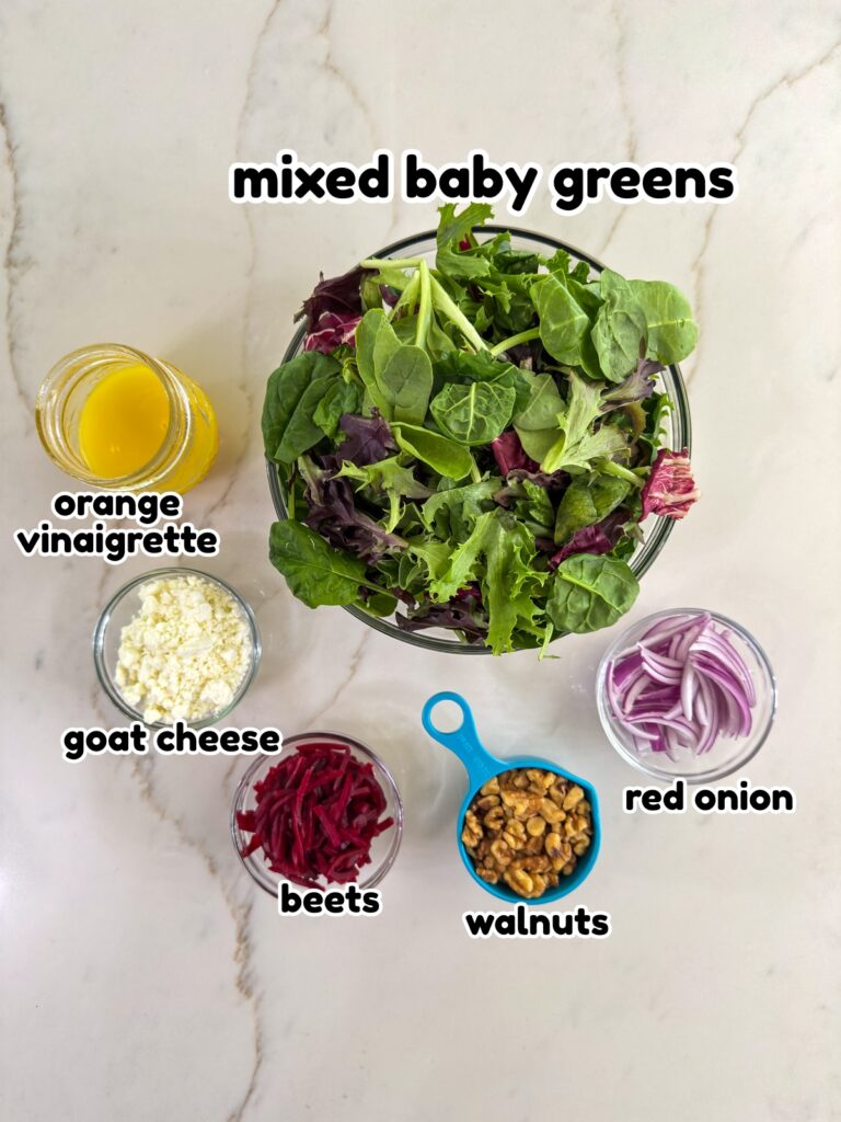 All of the ingredients measured out and ready to make the Green Salad with Beets and Goat Cheese recipe.
