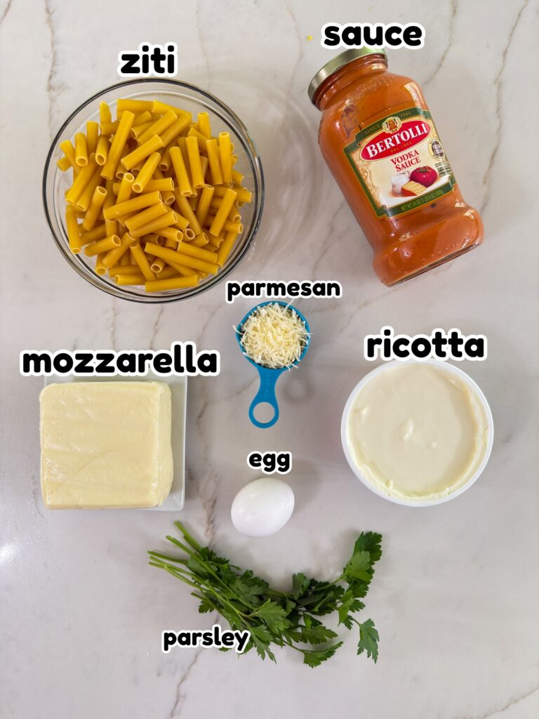 All of the ingredients measured out ready to make the Vodka Sauce Baked Ziti recipe.