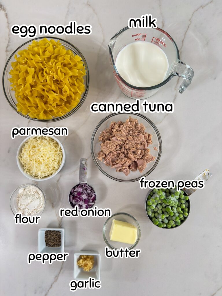 All of the ingredients measured out and ready to make the Pasta with Tuna and Peas recipe.