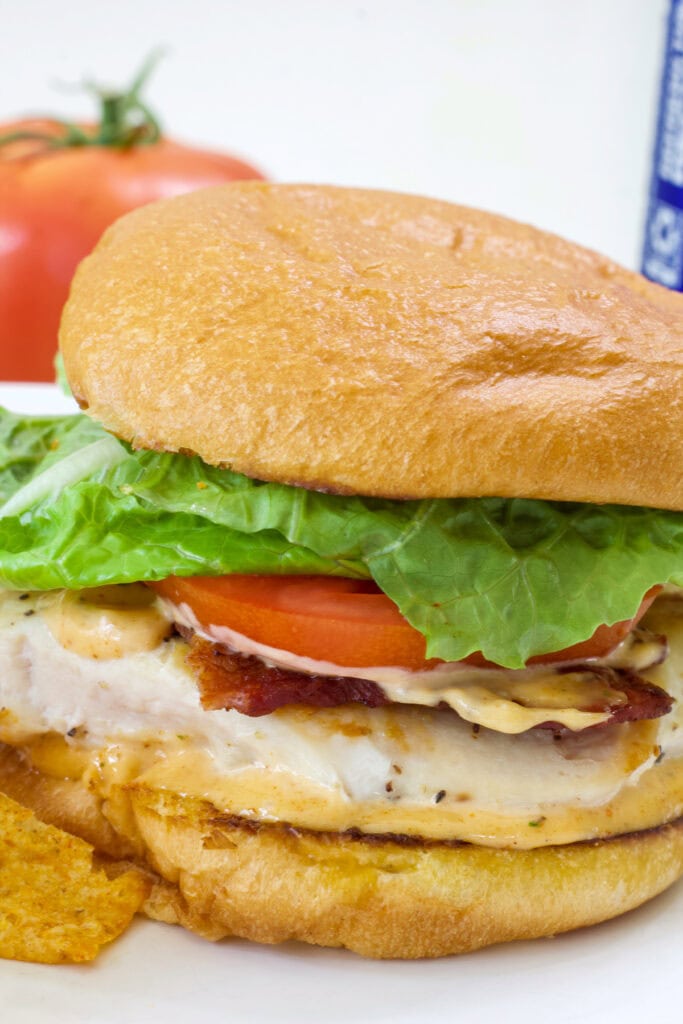 Close up side view of the finished Chicken Bacon Ranch Sandwich.