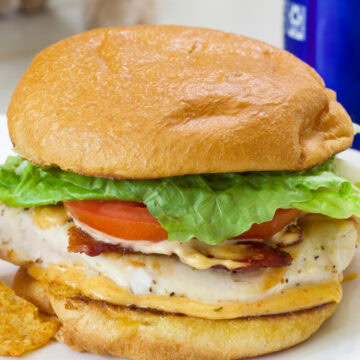 Feature image of a close up side shot of the Chicken Bacon Ranch Sandwich.