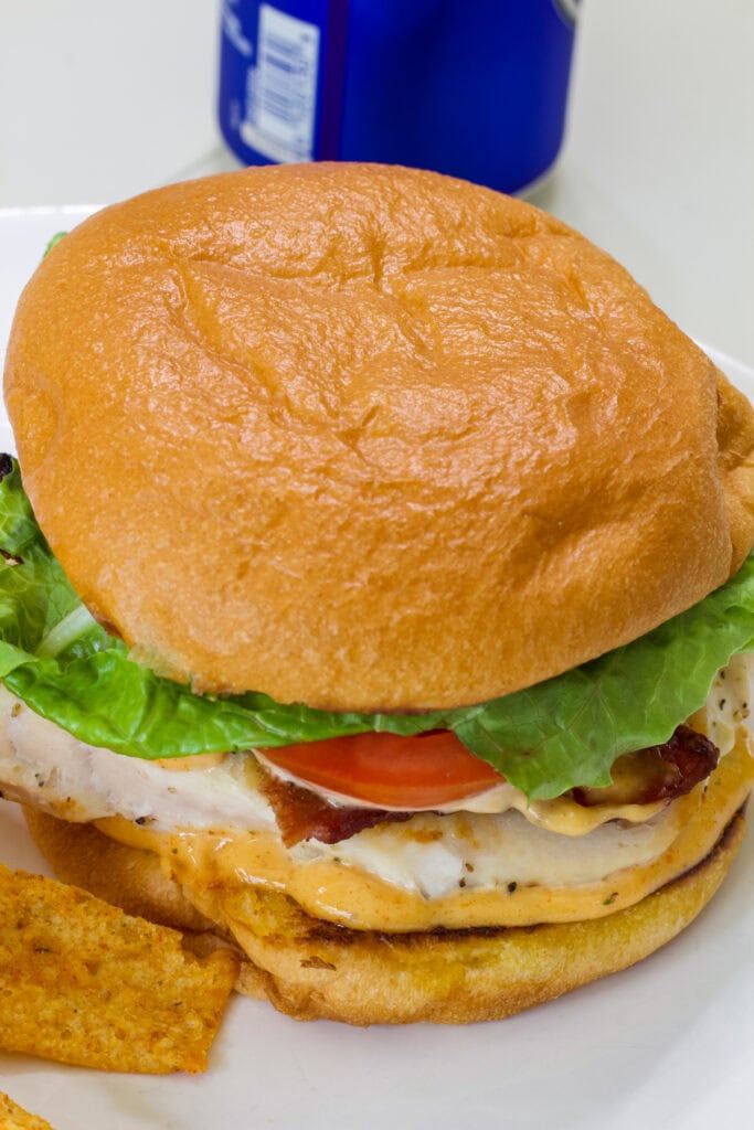 A downward shot of the finished Chicken Bacon Ranch Sandwich on a white plate.