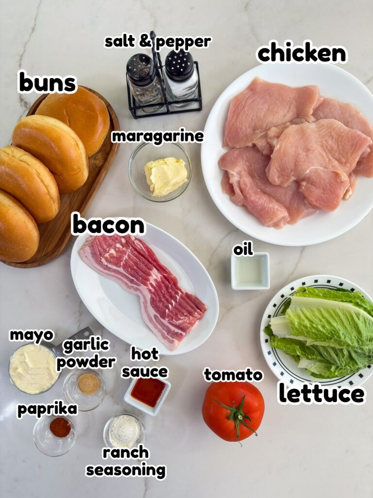All of the ingredients measured out and ready to make the Chicken Bacon Ranch Sandwich recipe and spicy ranch mayo recipe.
