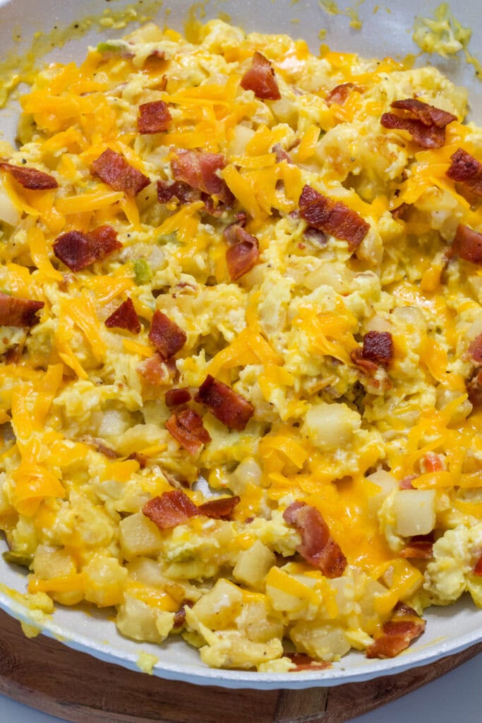 Close up of the finished Cowboy Breakfast Skillet in a skillet.