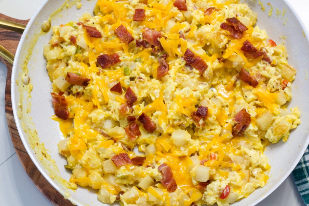 Overhead shot of the finished Cowboy Breakfast Skillet in the frying pan.