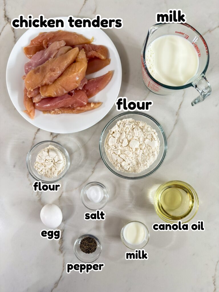 All of the ingredients measured out and ready to make the Fried Chicken Tenders with White Gravy recipe.
