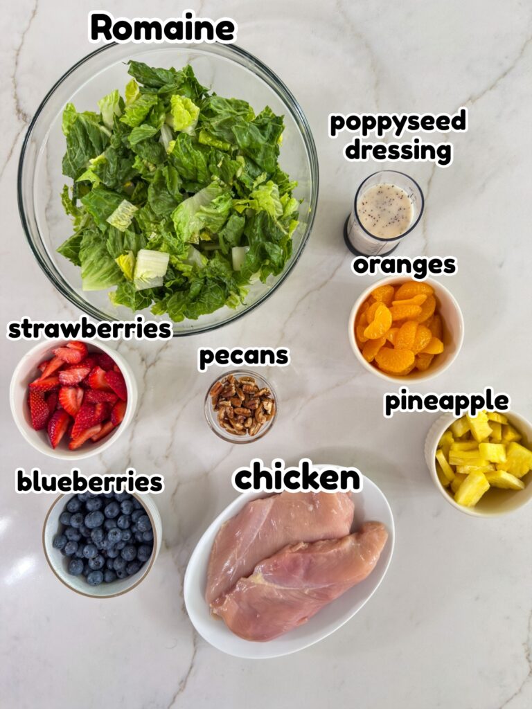 All of the ingredients needed to make the Panera Strawberry Poppyseed Salad with Chicken recipe.