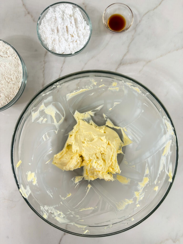 The butter and margarine creamed together in a large mixing bowl.