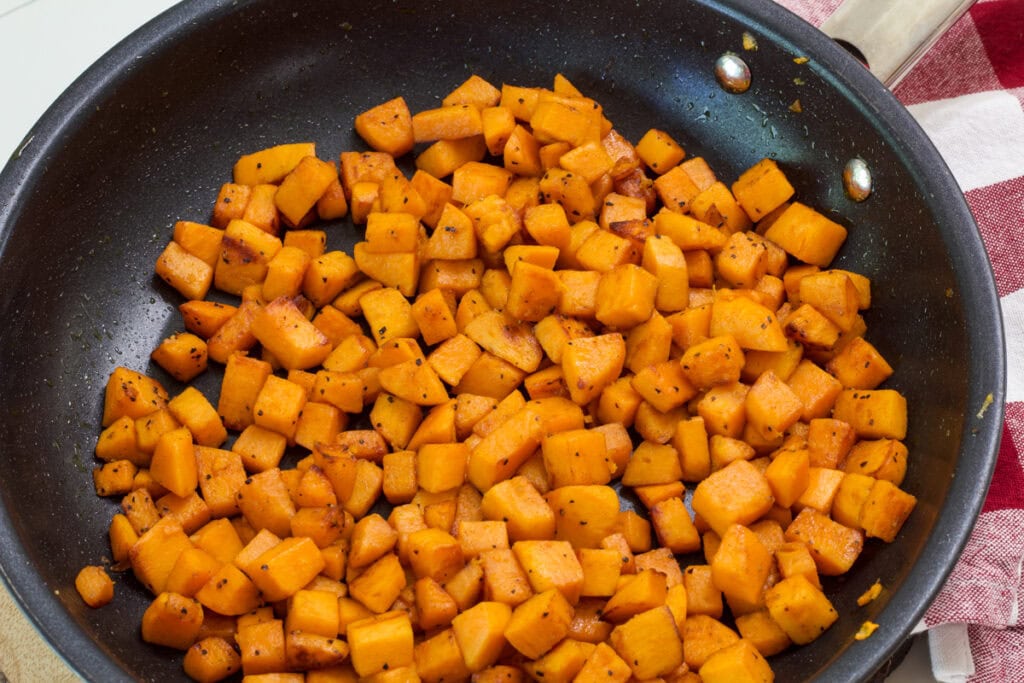 Close up overhead of the entire batch of finished Sautéed Sweet Potatoes.
