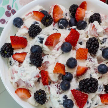 Overhead shot of the Triple Berry Cheesecake Salad in a serving bowl.