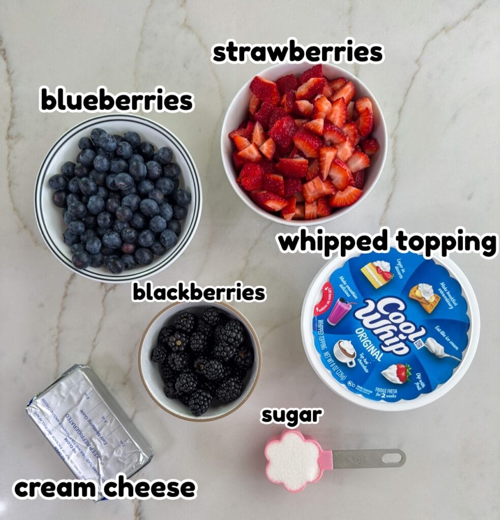 All of the ingredients needed to make the Triple Berry Cheesecake Salad recipe.