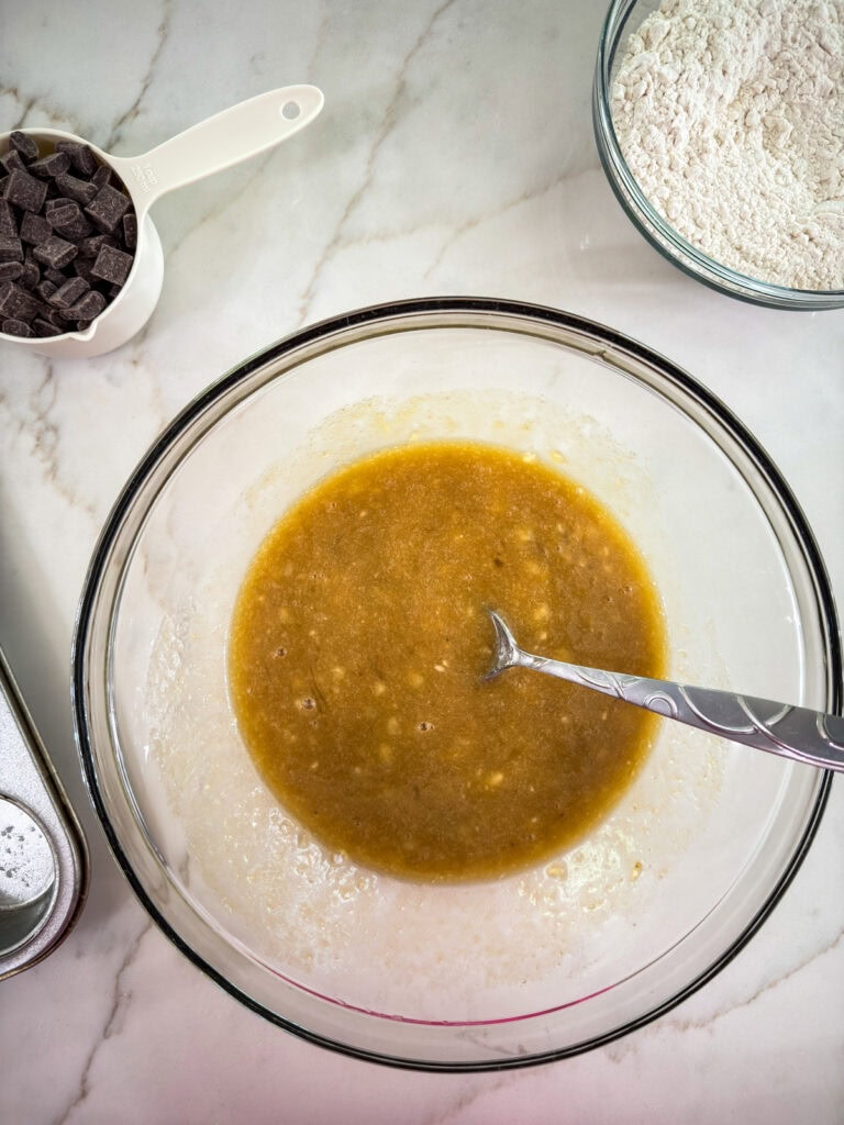 The wet ingredients combined in a large mixing bowl.