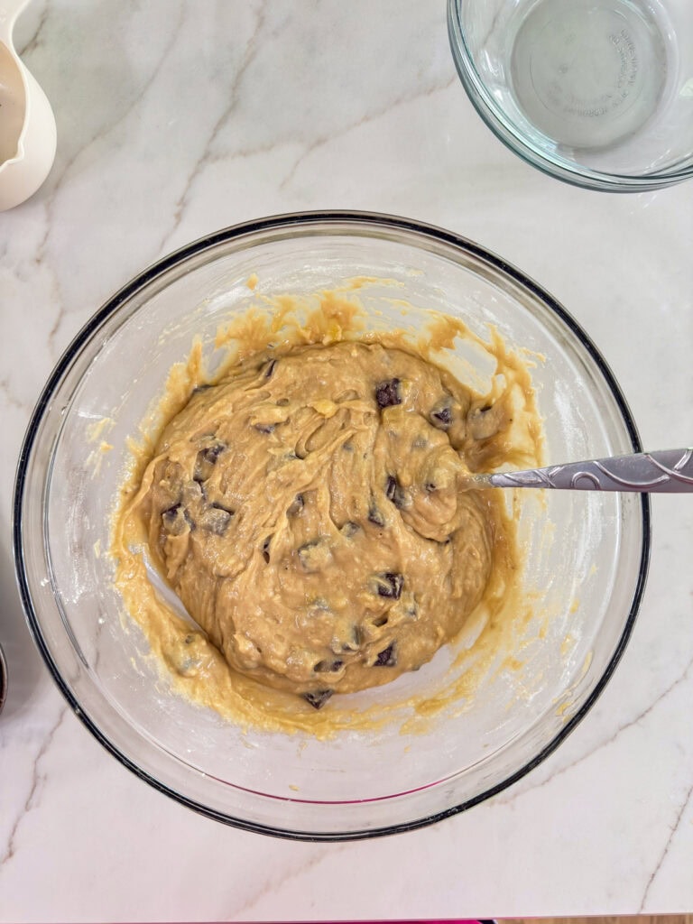 The chocolate chunks added to the muffin batter.