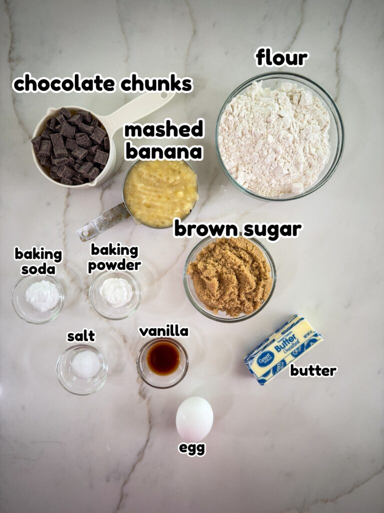All of the ingredients needed to make the Banana Chocolate Chunk Muffins recipe.