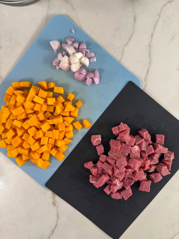 The butternut squash, beef and shallots chopped and ready to make the recipe.