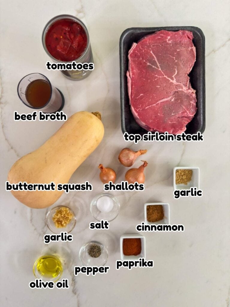 All of the ingredients measured out and ready to make the Beef Tagine with Butternut Squash recipe.