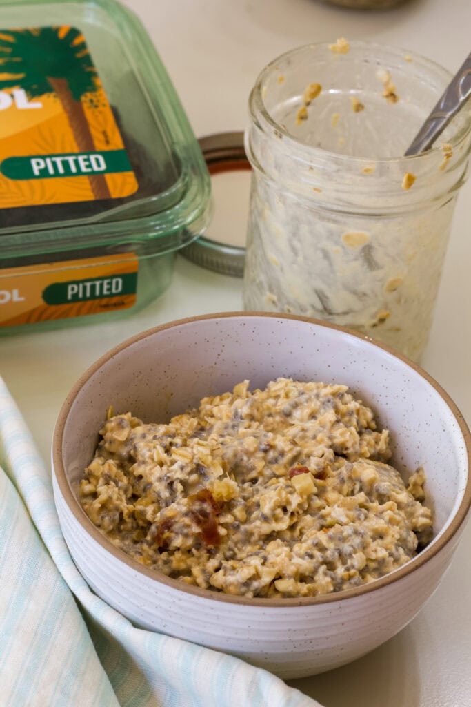 The Date Overnight Oats in a bowl ready to eat.