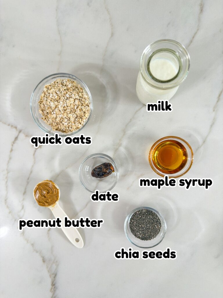All of the ingredients needed to make the Date Overnight Oats recipe.