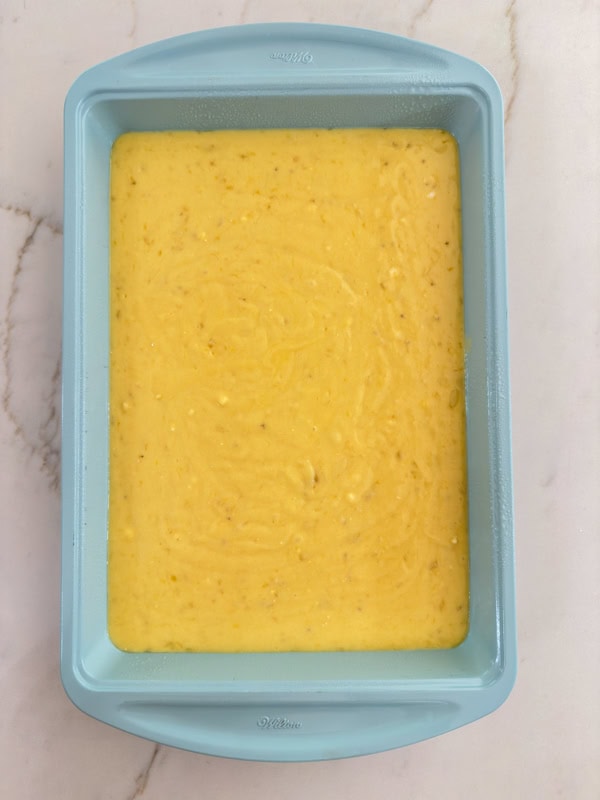 The cake batter in the prepared cake pan ready to go into the oven.
