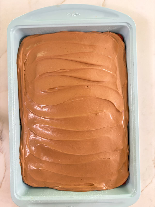 The baked cake after it was frosted with my Chocolate Pudding Cool Whip Frosting.