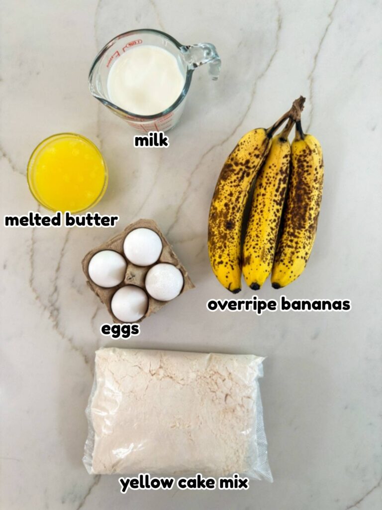 All of the ingredients needed to make the Easy Cake Mix Banana Cake recipe.